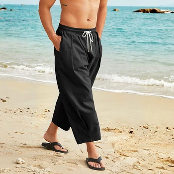 Мужские Шаровары, Летние Повседневные хлопчатобумажные льняные брюки-капри с завязками, мужская Уличная одежда, Дышащие пляжные брюки с карманами, штаны для йоги